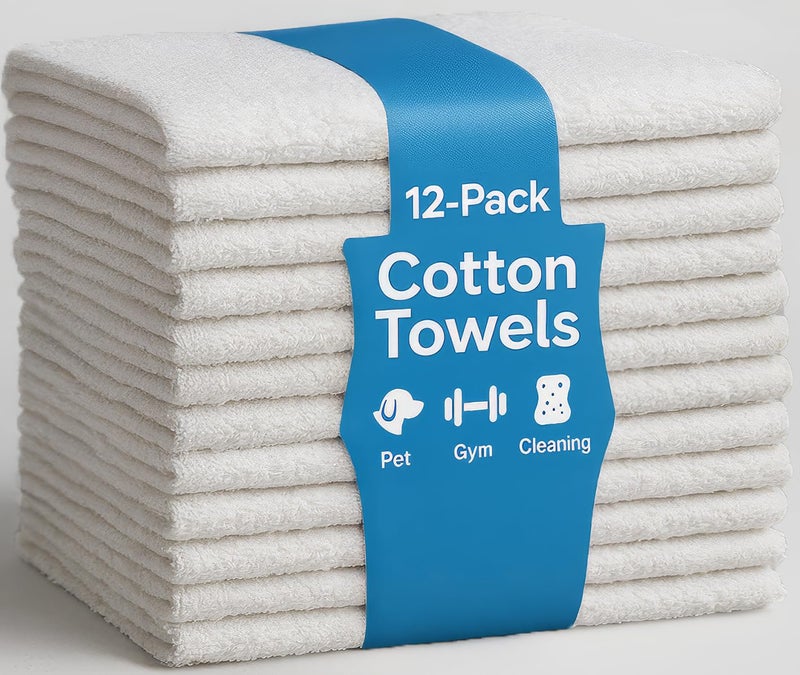 Jmr Usa Inc. JMR 100% Cotton Utility Towels Bulk Pack - 12-Pack 22 x 44 Thin Quick-Dry Cleaning Cloths for Gym, Pets, Kitchen, Travel & Auto - Lightweight Reusable White Towels - Image 1
